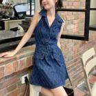 Halter Neck Slim-fit Denim Mini Dress Blue - One Size