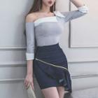 Set: 3/4-sleeve Striped Top + Mini Skirt