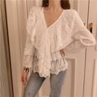 Lace V-neck Long-sleeve Blouse White - One Size