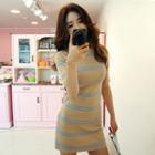 Short-sleeve Stripe Knit Bodycon Dress