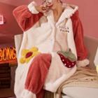Loungewear Set : Fleece Flower & Strawberry Embroidered Hooded Robe + Pants