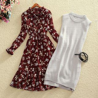 Set: Long Knit Vest + Long-sleeve Floral A-line Dress