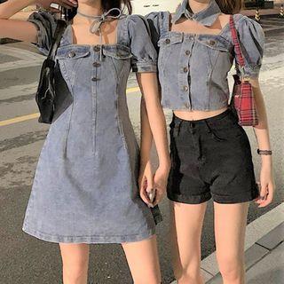 Denim Square Neck Puff Sleeve Dress / Denim Square Neck Puff Sleeve Top