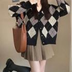 Argyle Cardigan / Mini Pleated Skirt / Set