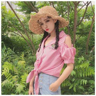 Cactus Embroidered Striped Cut Out Shoulder Short Sleeve Top