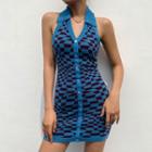 Sleeveless Collared V-neck Plaid Knitted Mini Dress