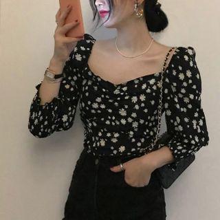 Daisy Print Puff-sleeve Blouse Black - One Size