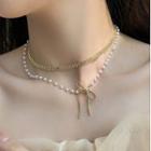 Bow Faux Pearl Layered Choker Necklace Choker Necklace - Gold - One Size