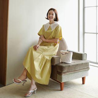 Eyelet-lace Collar Ruffle-hem Dress