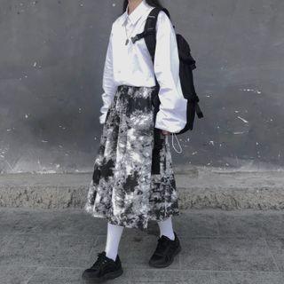 Elastic-waist Tie-dyed Midi Skirt Black - One Size
