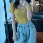 Short-sleeve V-neck Rib-knit Top