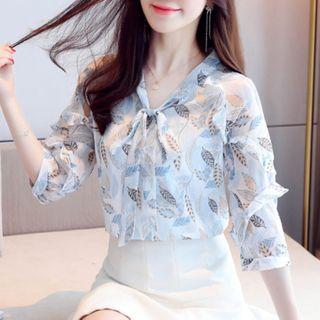 Printed Ruffled Tie-neck 3/4-sleeve Blouse