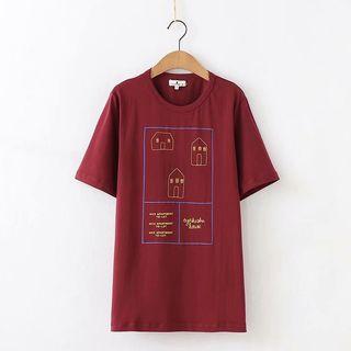 Elbow-sleeve Printed T-shirt Red - One Size
