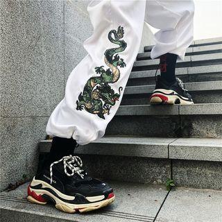 Dragon Embroidered Loose-fit Cropped Pants