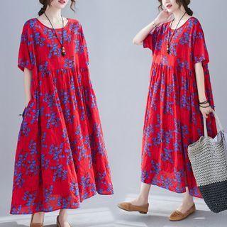 Short-sleeve Floral Print Midi Shift Dress Flower - Red - One Size