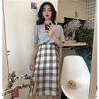Plain Short Sleeve T-shirt / Plaid Midi Skirt