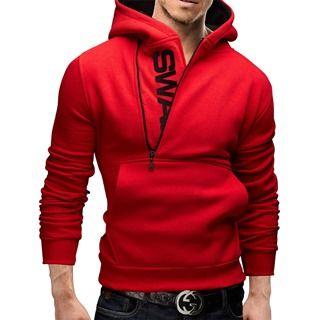 Side-zip Lettering Hooded Pullover