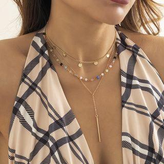 Set: Bar Pendant Alloy Choker + Disc Fringed Alloy Choker + Faux Crystal Alloy Choker 3249 - Set Of 3 - Gold - One Size