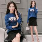 Set: Bear Applique Pullover + Ruffle Hem Mini Skirt