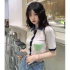 Short-sleeve Floral Print Polo Knit Top White - One Size