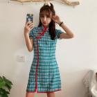 Puff-sleeve Plaid A-line Mini Qipao Dress