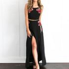 Set: Embroidered Camisole Top + Slit Maxi Skirt