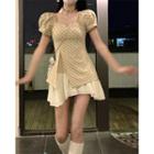 Puff-sleeve Square-neck Asymmetrical Mesh Panel Dress