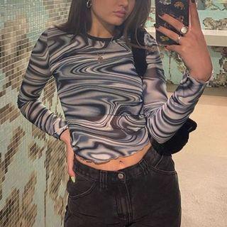 Long-sleeve Marble Print Fitted Top