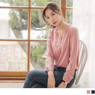 Lace Trim V-neck Long Sleeve Blouse