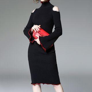 High Neck Cold Shoulder Long-sleeve Bodycon Dress