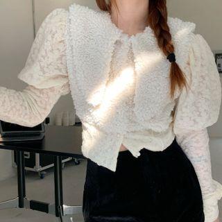 Long-sleeve Fleece Panel Lace Blouse White - One Size