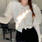 Long-sleeve Fleece Panel Lace Blouse White - One Size