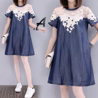 Floral Embroidered Short-sleeve Panel Mesh Dress
