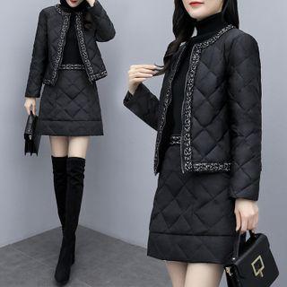 Set: Contrast Trim Padded Coat + Mini A-line Skirt