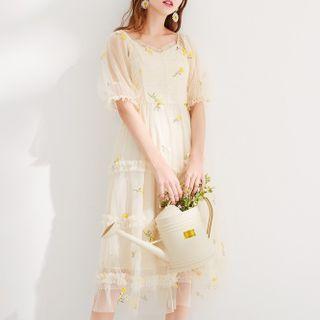 Short-sleeve Floral Embroidered Mesh Midi Dress