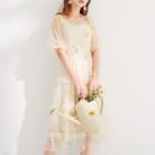 Short-sleeve Floral Embroidered Mesh Midi Dress