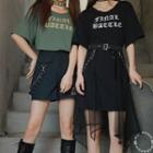 Short-sleeve Lettering Choker T-shirt / T-shirt Dress With Mesh Skirt
