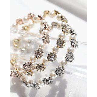 Rhinestone-flower Faux-pearl Open Bracelet