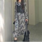 Long-sleeve Floral Print Midi Dress / Faux Leather Spaghetti Strap Top