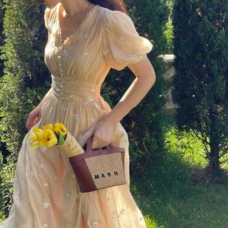 Puff-sleeve V-neck Button-up A-line Dress