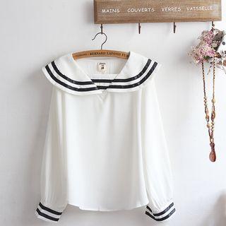 Long-sleeve Wide-collar Striped Trim Blouse White - One Size