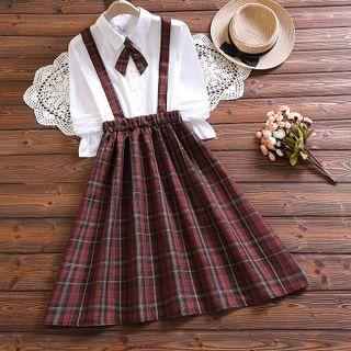 Inset Shirt Gingham Dress With Bow Tie