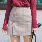 Metal-button Plaid A-line Mini Skirt
