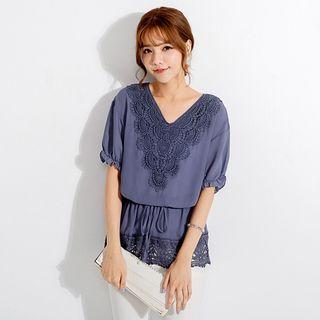 Lace-panel Drawstring-waist Blouse