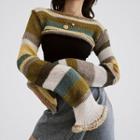 Long Sleeve Striped Color-block Knit Crop Sweater