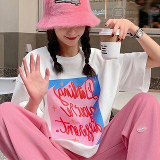 Set: Short-sleeve Printed T-shirt + High-waist Plain Sport Pants