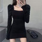 Square-neck Mini Bodycon Dress Black - One Size