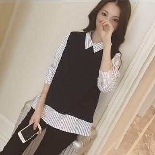 Mock Two-piece Pinstripe Long-sleeve Blouse