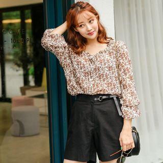 Frill-trim Bell-cuff Floral Chiffon Blouse