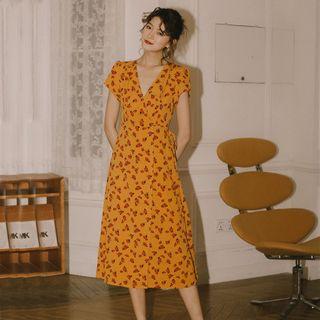 Floral Print Short-sleeve Midi A-line Wrap Dress
